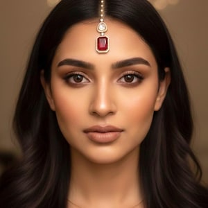 May include: A woman with dark hair and brown eyes wearing a gold headpiece. The headpiece features a central, rectangular, red gemstone framed by gold, with a smaller white gemstone above it. A delicate gold necklace is also visible.