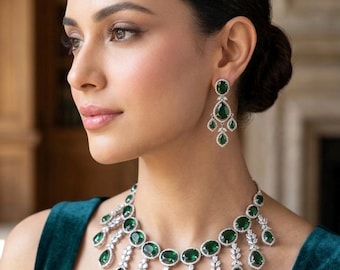 TANAAZ High quality Emerald green necklace earrings, real diamond look cz zircon prom  jewelry, green and silver polish wedding necklace set