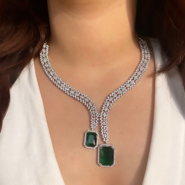 Emerald green Pendant Set in American Diamond Classy high quality cz zircon jewelry , prom,gala dinner bridal jewelery, red,blue, yellow