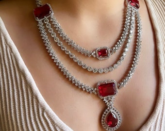 【美品】American Indian Jewelry「 Ⅱ 」「 Ⅲ 」 LEILA Multilayer Ruby Red Necklace Earrings Statement