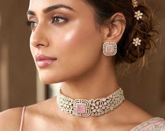 SHAZA mint pink kundan choker set in matt gold polish ,cz Indian Pakistani wedding and festive jewelry set