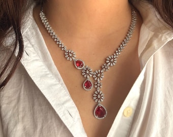 KYRA Ruby red necklace earrings in American Diamond Classy high quality cz zircon jewelry,prom,gala dinner red colour jewellery set
