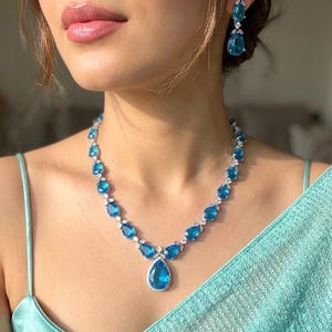 Collana DONNA con diamanti americani blu acquamarina, gioielli da ballo e da gala con zirconi blu svizzeri,