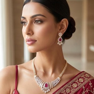 SAHAR Ruby cz Real diamond look gold silver finish American Diamond Necklace Set/Pakistani bridal wedding jewelry,Indian  elegant jewellery