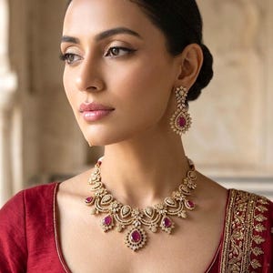 May include: A gold-toned necklace and matching drop earrings set featuring intricate filigree metalwork, clear pavé-set stones, and teardrop-shaped magenta-pink center stones. The necklace has a scalloped edge design with repeating floral motifs.