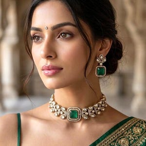 Conjunto de gargantilla kundan Sabyasachi de estilo victoriano verde esmeralda VRINDA, joyería nupcial india de circonita cúbica, piedra doble, joyería de boda pakistaní