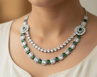 INAYA Green colour two layer jewelry,American Diamond High Quality necklace set bridal wedding jewelry,Emerald green layered necklace