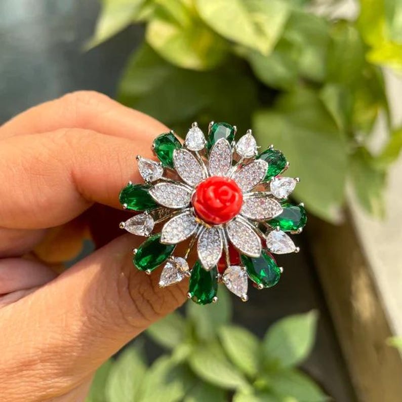 Green Chilli Rings MANSI Emerald Green Cocktail Ring ,adjustable American Diamond Ring ...