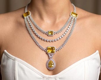LEILA Pendientes de collar de zafiro amarillo multicapa con diamantes americanos llamativos, joyería de boda india pakistaní con circonita cúbica, para graduación