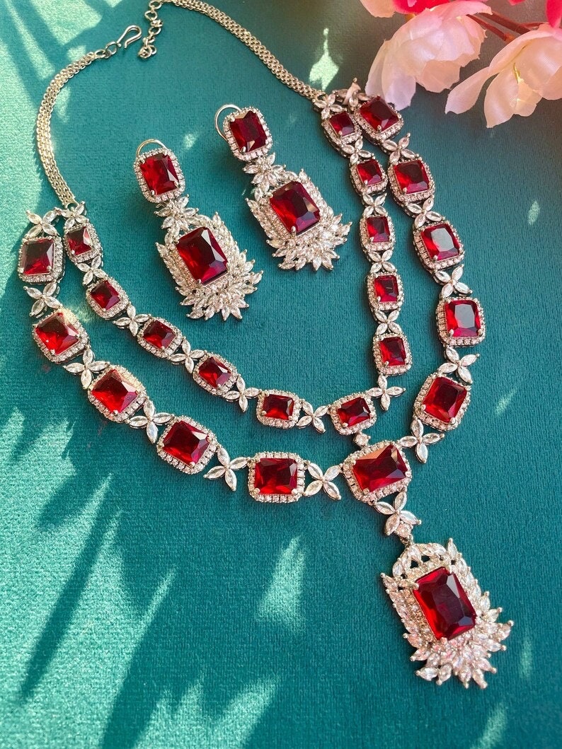 Ruby Red Two Layer Diamond Look Cz Necklace and Earrings Set Ruby Red Two Layer Diamond Look Cz Necklace and Earrings Set