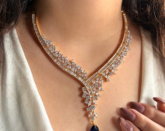 ZOHRA Real diamond look gold silver finish dark blue jewelry baguette diamond necklace Set Pakistani bridal jewelry Indian imitation cz