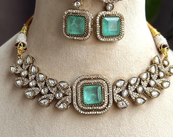 VRINDA Mint green choker Sabyasachi polki kundan choker set,cz Indian Bridal jewelry,doublet stone,pakistani wedding jewellery