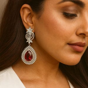 REMY high quality Ruby red cz american diamond earrings Indian Wedding jewellery, bridal,bollywood jewelry, prom, zirconia red danglers