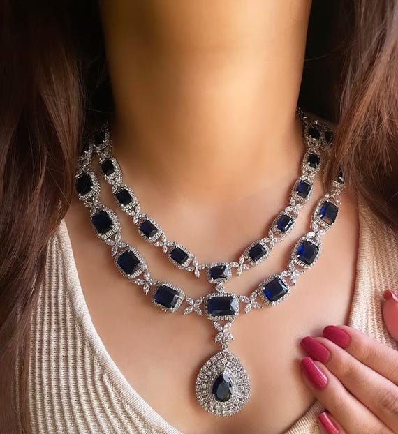 SHANAYA Sapphire Blue American Diamond Necklace Earrings Indian