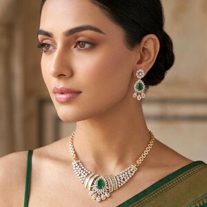 SAHAR Emerald Green cz Real diamond look gold silver finish American Diamond Necklace Set, Indian Pakistani  wedding and festive jewelry