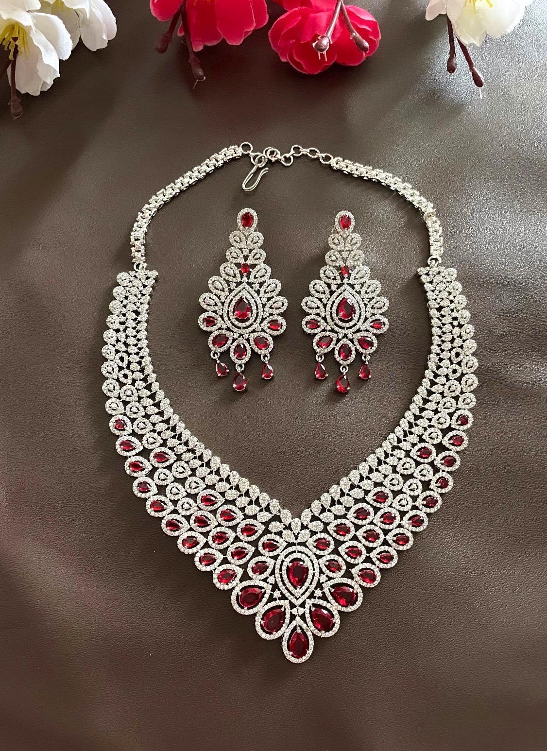 Ruby Red Necklace and Earrings Set American Diamond Zircon Ruby Red Necklace and Earrings Set American Diamond Zircon