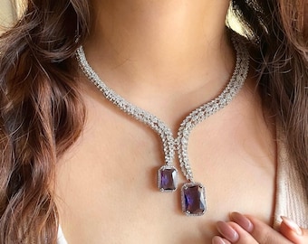 Stylish Lilac purple necklace Set in American Diamond Classy high quality cz zircon jewelry, prom,gala dinner amethyst jewellery