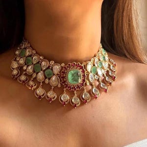 MANIKA Sabyasachi inspired mint ruby choker set, Victorian style kundan necklace set in doublet stone, Indian Bridal wedding jewelry
