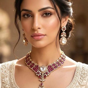 MANNAT Premium quality Kundan and Polki Ruby necklace set, Indian Pakistani wedding and festive jewelery,exquisite collar style necklace set