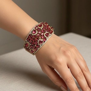 MYRA Ruby red bracelet in antique golden polish,cz zircon openable  bracelet,American diamond red bangle bracelet