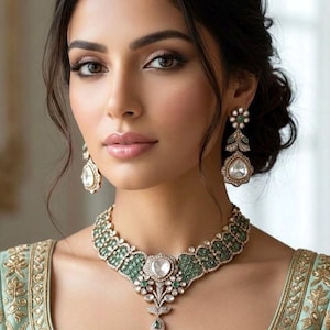 May include: A woman wearing a green and gold necklace and matching earrings. The jewelry features large, clear stones and smaller green stones. The woman is wearing a light green and gold embroidered top.
