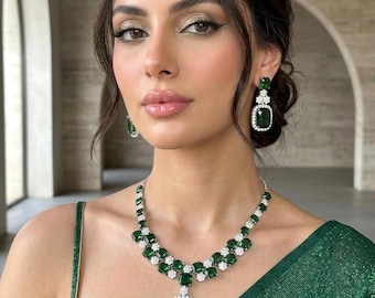 ADITA green necklace earrings in American Diamond Classy high quality cz zircon jewelry,prom,gala dinner green colour jewellery set