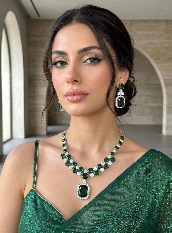 ADITA Green Necklace Earrings in American Diamond Classy High Quality Cz Zircon Jewelry,prom,gala Dinner Green Colour Jewellery Set