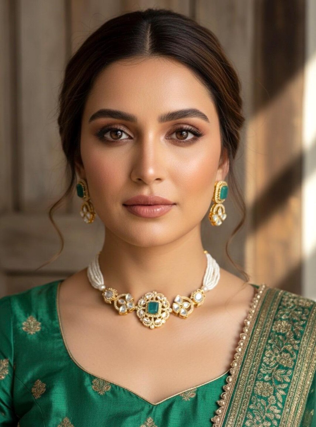LAVYA Emerald Green Doublet Stone Choker Necklace Set With Earrings ...