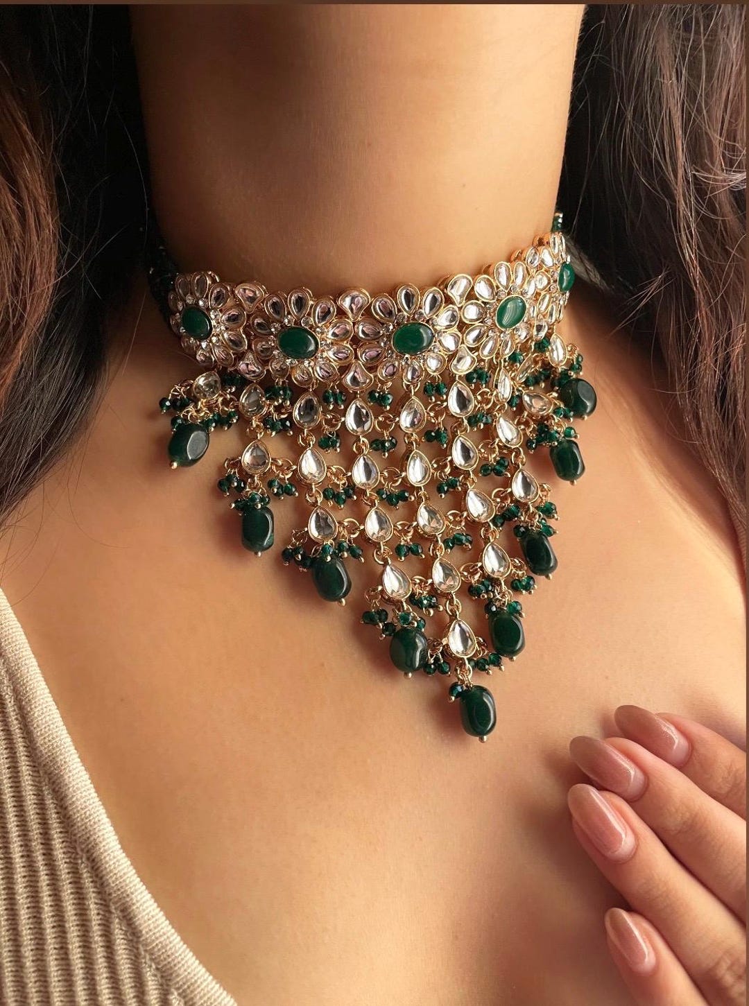 Gold Kundan Necklace Emerald Stone Choker Necklace FIZA Green