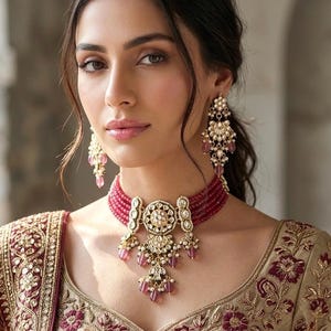 NADIRA Sabyasachi inspired Ruby Fusion Kundan choker set, necklace set, indian wedding Rajwada jewelry/ pakistani jewelry
