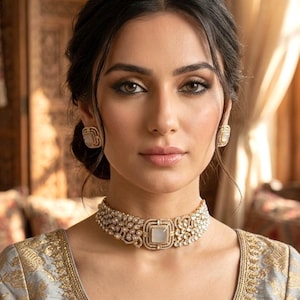 May include: A woman wearing a gold-toned choker necklace and matching earrings. The jewelry features a square, light-colored center stone surrounded by smaller, sparkling stones. The woman is wearing a gray and gold embroidered top.