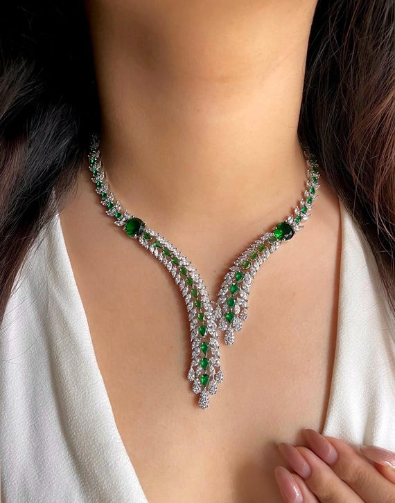 ELLA Emerald Green Stylish Necklace Set in American Diamond Classy
