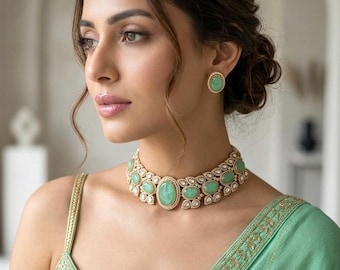 KUSHA Mintgroene Doublet Stone kundan ketting choker set met oorknopjes, moissanite kundan Indiase Pakistaanse trouwsieraden
