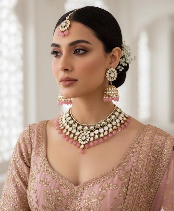 SAFA Pink Kundan Necklace Set Wedding Jewelry Pakistani Set