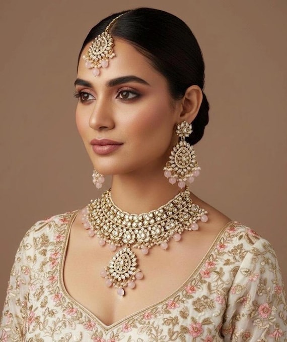 GHAZAL Light Pink Necklace Earrings Maangtika Wedding Bridal