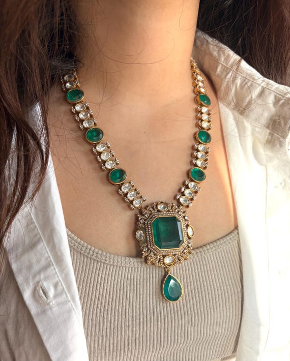 Set di collana verde smeraldo TAASHI, collana di gioielli da sposa