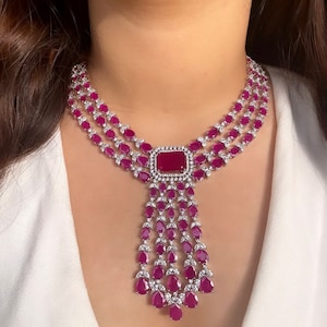 NAOMI Ruby stones Zirconium Faux Diamond Necklace Set,Silver Ruby CZ Necklace Set,Diamond Necklace Set, Indian Cz , Pakistani jewellery