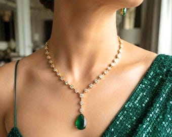 KYLIE Real diamond look gold finish Green cz zircon pendant Necklace Set ,bridal wedding jewelry, Indian elegant green colour jewellery