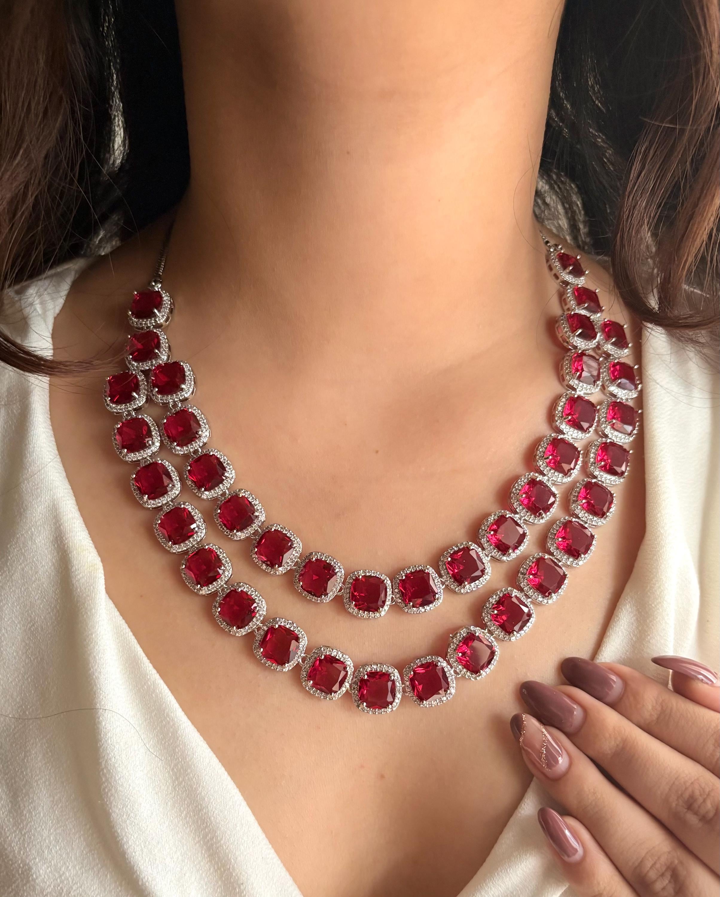 SIA Two Layered Ruby Red Necklace Earrings Statement