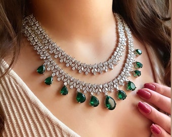 Tara Sutaria inspired Emerald green American diamond necklace set bollywood jewelry,Indian Jewelry Pakistani Wedding jewellery Cz Zircon