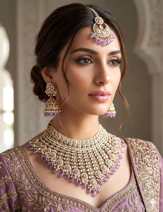 SALOMI Lavender purple Bridal Kundan Choker necklace jhumka maangtika,Punjabi Jewellery, Indian wedding kundan jewelery pakistani jewelry