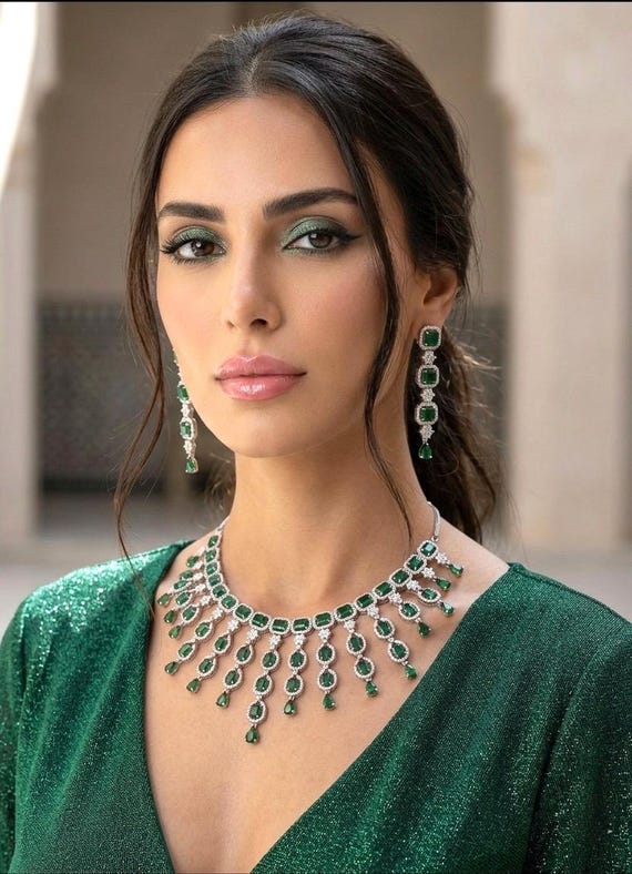 dark green dress matching jewellery Elegant American Diamond High Quality Necklace Set / Pakistani Bridal Wedding Jewelry, Indian Ring Ceremony Prom Jewelry swietaprezenty