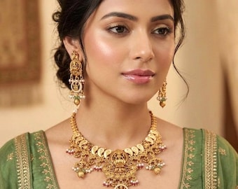 Joyería Rajwadi en tono dorado RAMAA, joyería del sur de la India, collar y pendientes, joyería dorada india, kempu, joyería del templo de la diosa Lakshmi