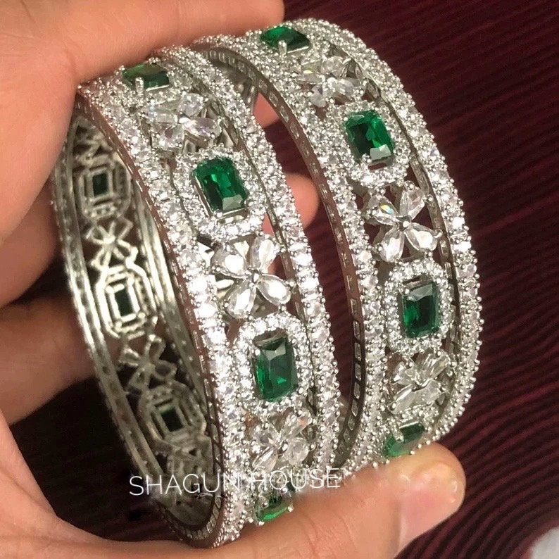 American diamond bangle set of 6 cz bangles in Emerald Green stones, AD bangle set,zircon bangles,bridal,indian bangles, pakistani bangles