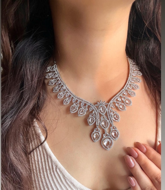 Fashion Wedding Clear Rhinestone Crystal Dubai Jewelry Set Brides Bridesmaid Prom Party Silver Plated Necklace Earrings