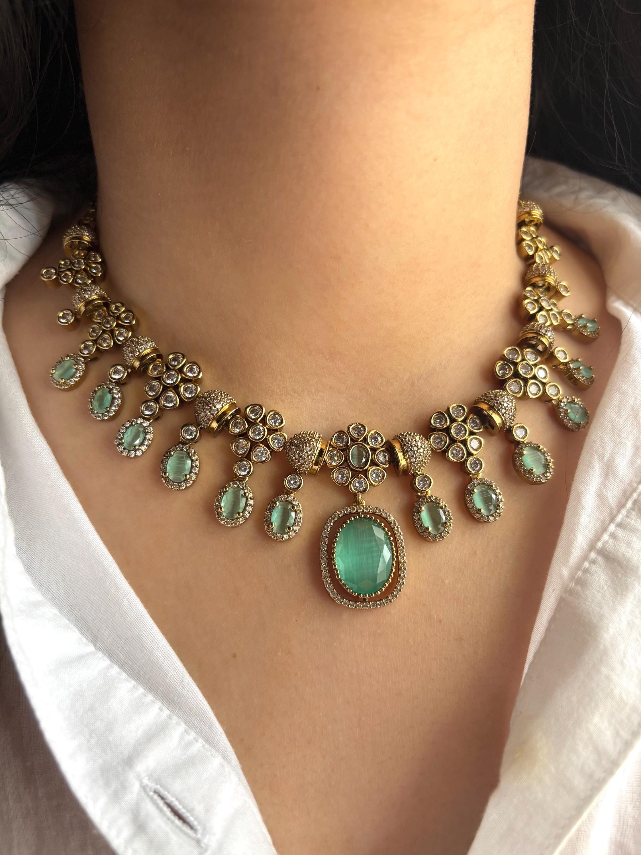 RIMAYA Sabyasachi inspired mint green colour kundan and zircon sleek necklace set in  mehndi golden polish,Indian victorian style jewelry