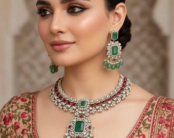 JODHA Sabyasachi inspired green ruby choker set, polki kundan necklace set in doublet stone,Ethnic Indian Bridal wedding jewelry
