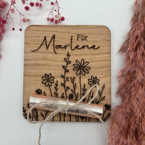 Carte d'argent fleur - carte d'anniversaire en bois - personnalisée et écologique - bois de chêne massif - cadeau d'argent - motif floral - anniversaire