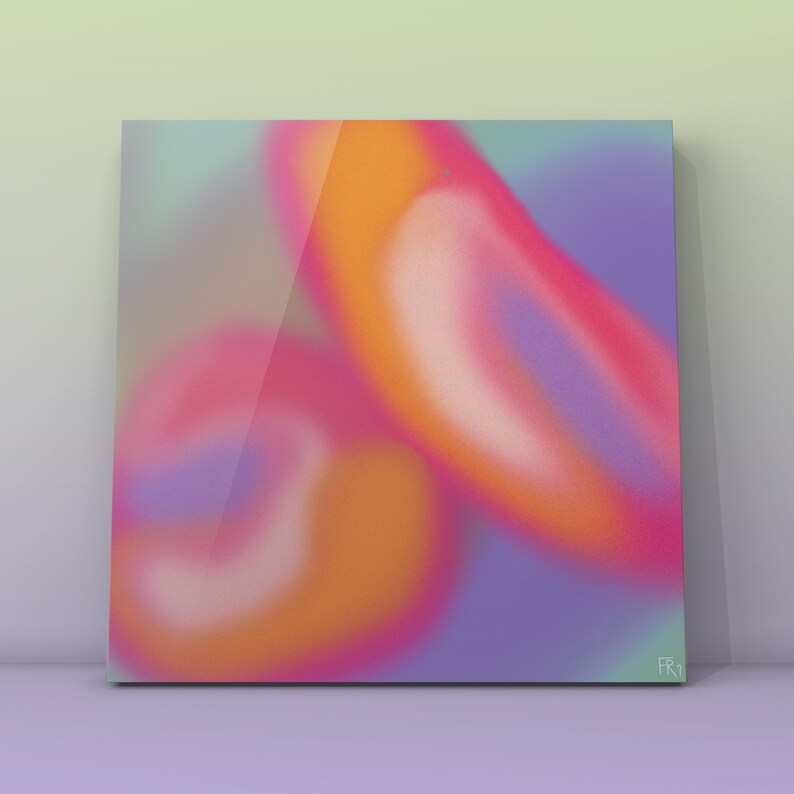 Puede incluir: Impresi&oacute;n de arte abstracto con un dise&ntilde;o borroso y colorido que presenta tonos de rosa, naranja y morado.