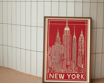 New York City Skyline Poster, New York City Vintage Print, Trendy Skyline Print, Hand Drawn NYC Poster, Trendy Apartment Decor, Travel Print